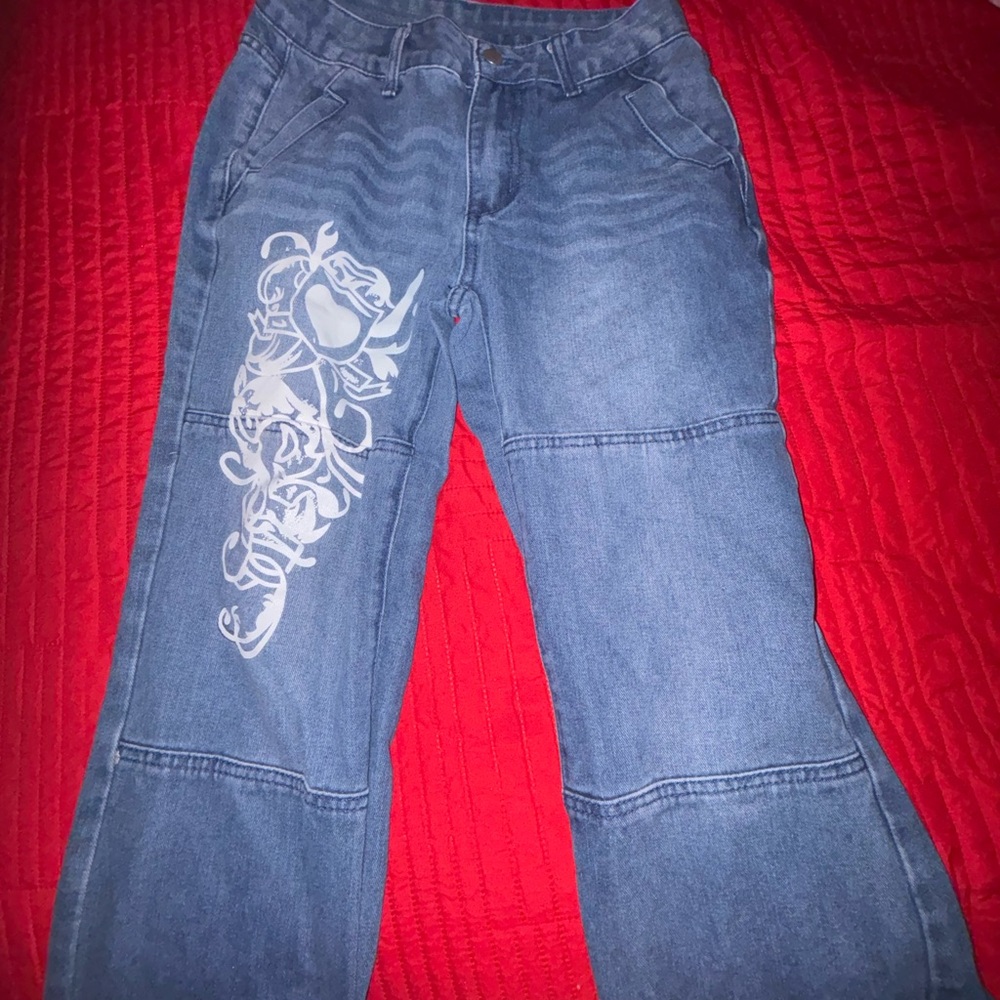 SHEIN Blue Flare Jeans with Artistic Design